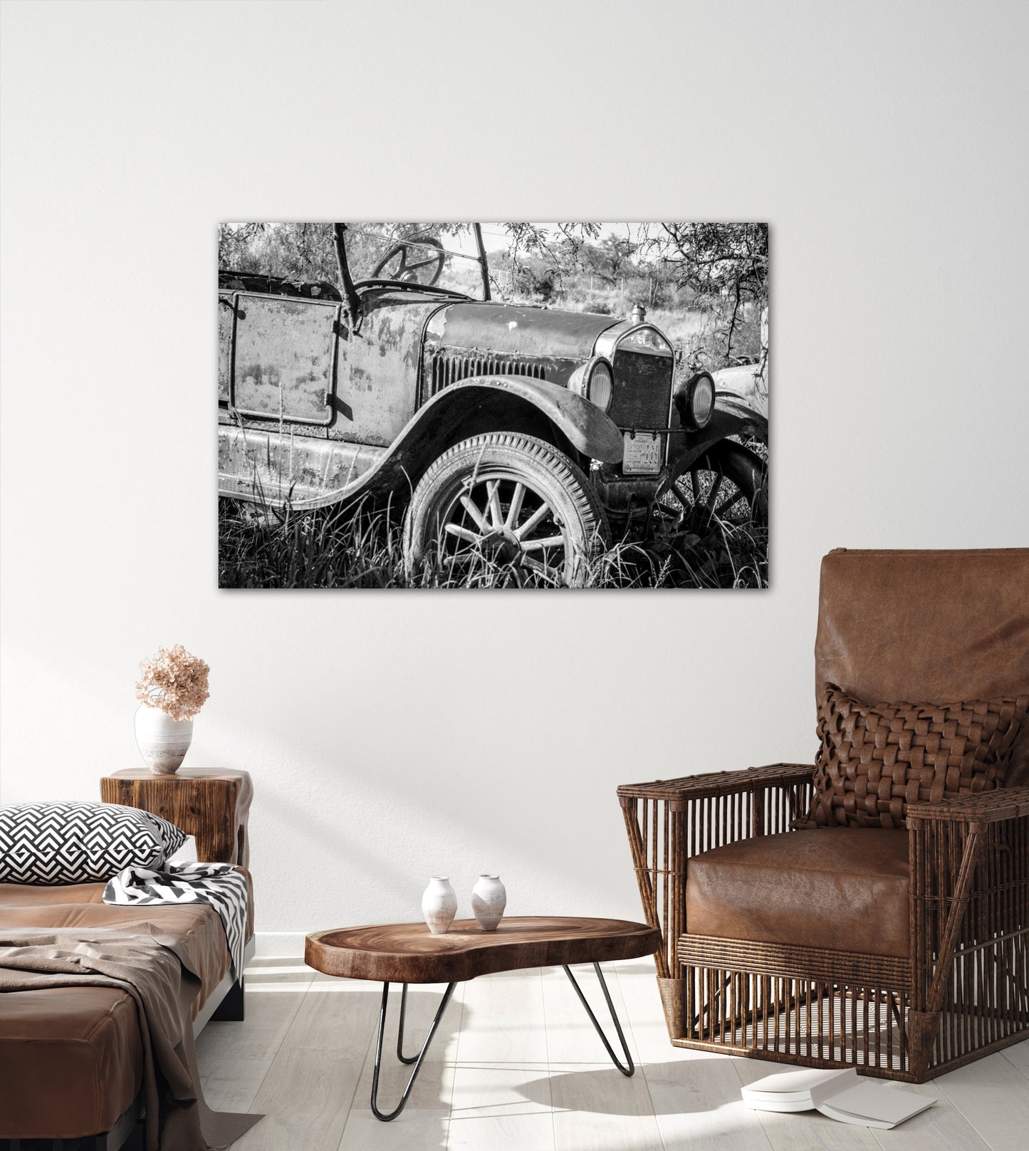 Travel antique car junkyard photography canvas print on living room wall