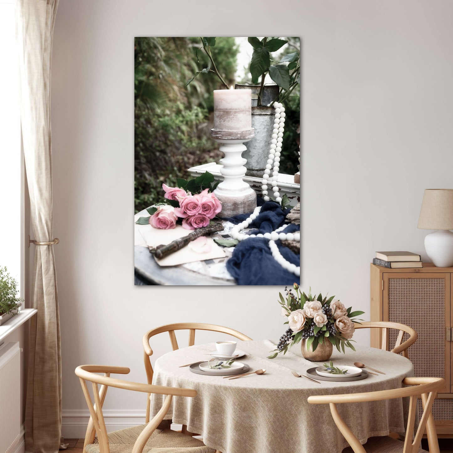 Antique key, roses, candle, and shabby chic pearls photography canvas print