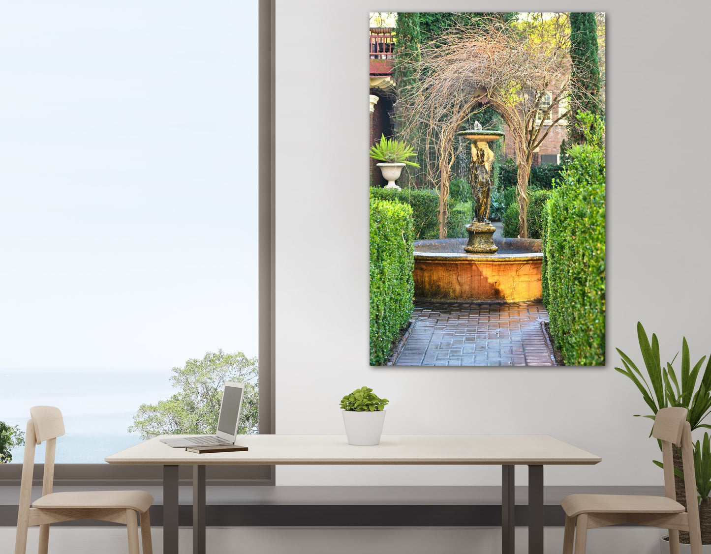 Travel garden fountain Charleston photography canvas print on living room wall