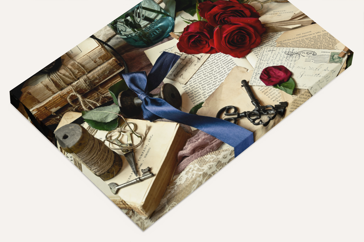 Decorative gift card with vintage elements like keys, roses, and a blue ribbon on a white background.