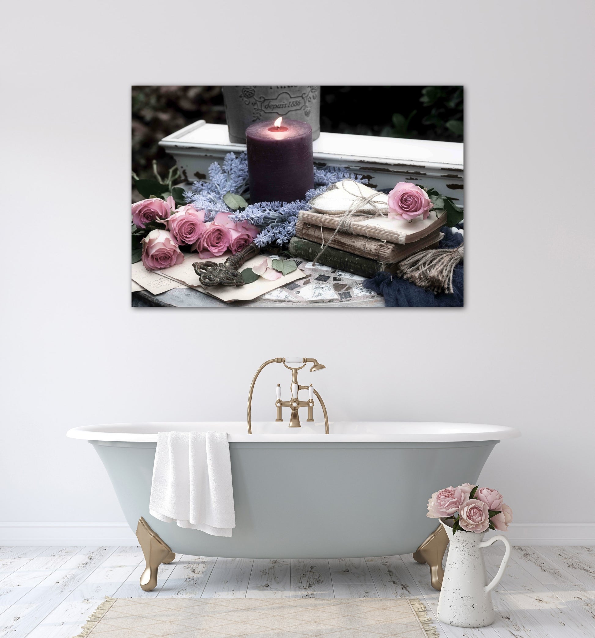 Candle, flowers, and antiques shabby chic photography canvas print on bathroom wall
