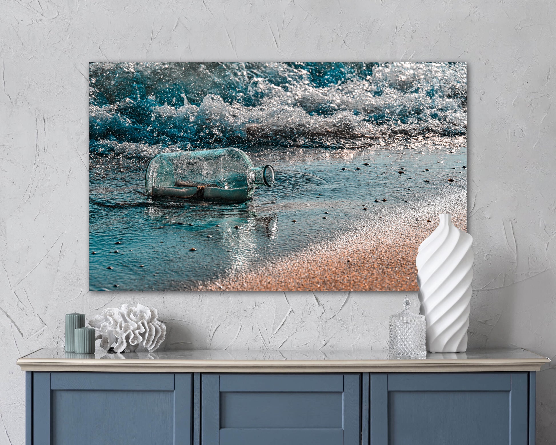 Travel ocean beach message in a bottle photography canvas print on wall