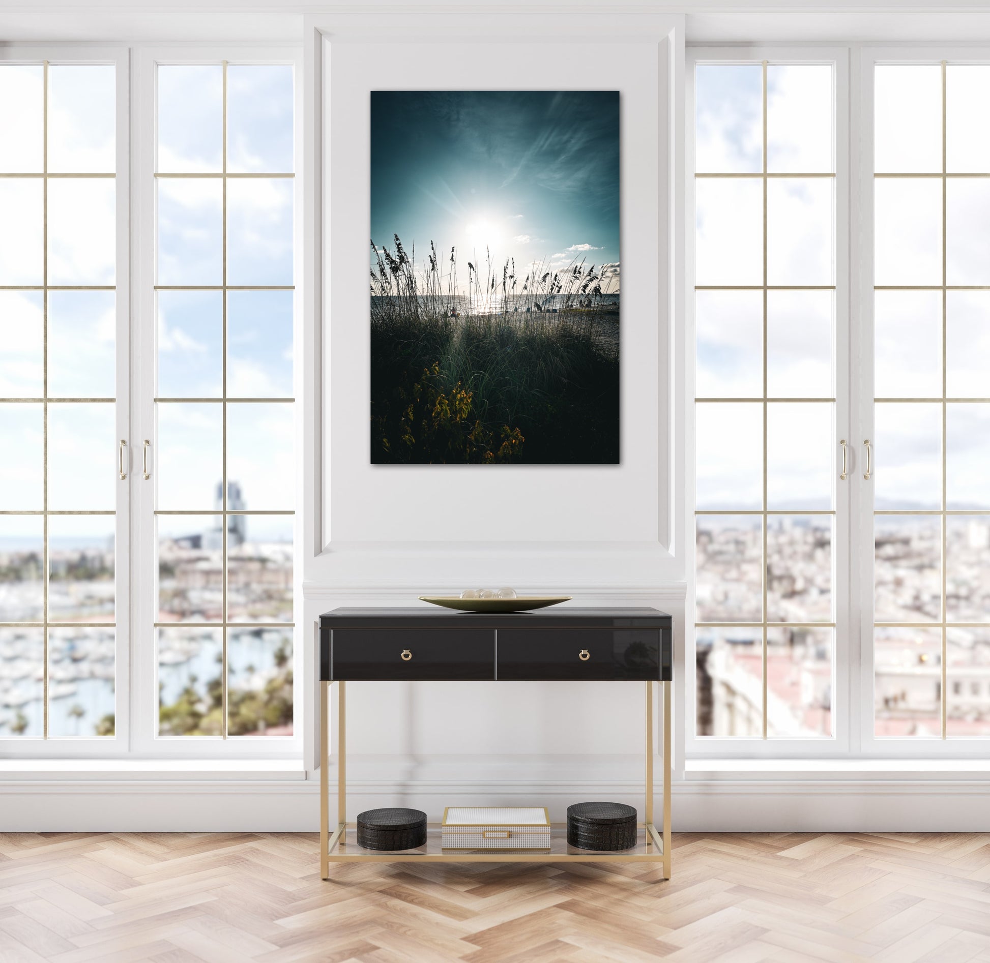 Travel ocean beach grass photography canvas print on wall