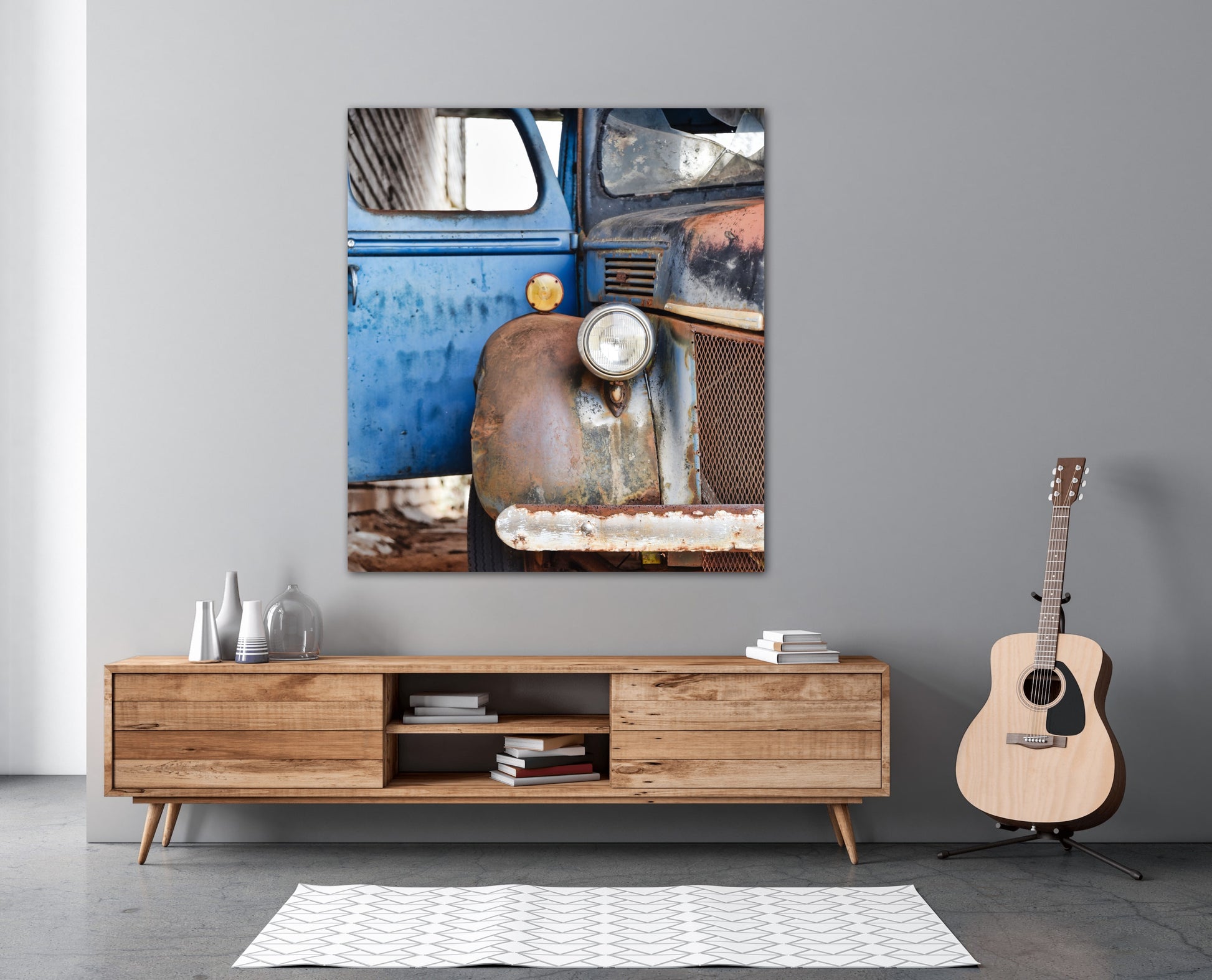 Rustic Ford truck barn photography canvas print in living room