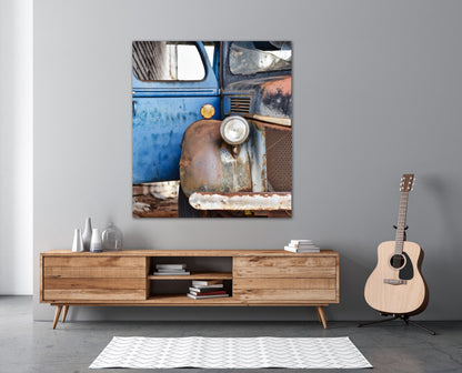 Rustic Ford truck barn photography canvas print in living room