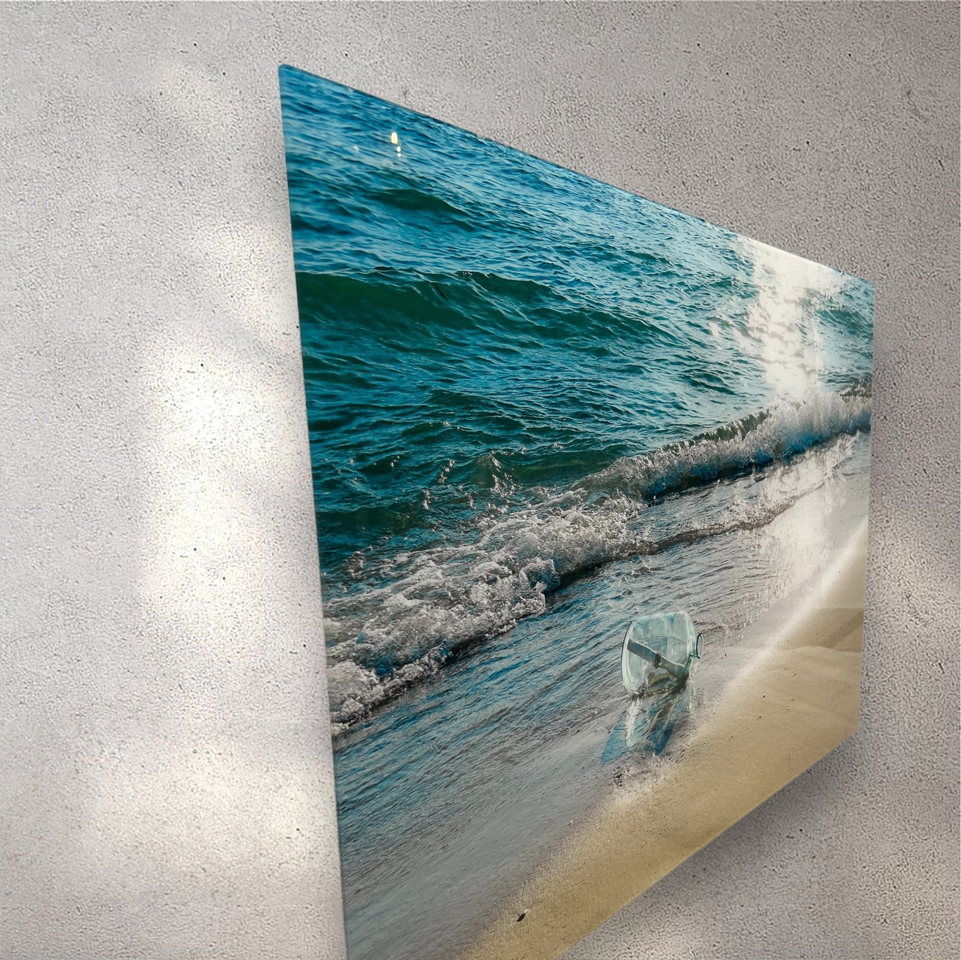Travel ocean beach message in a bottle acrylic print side view