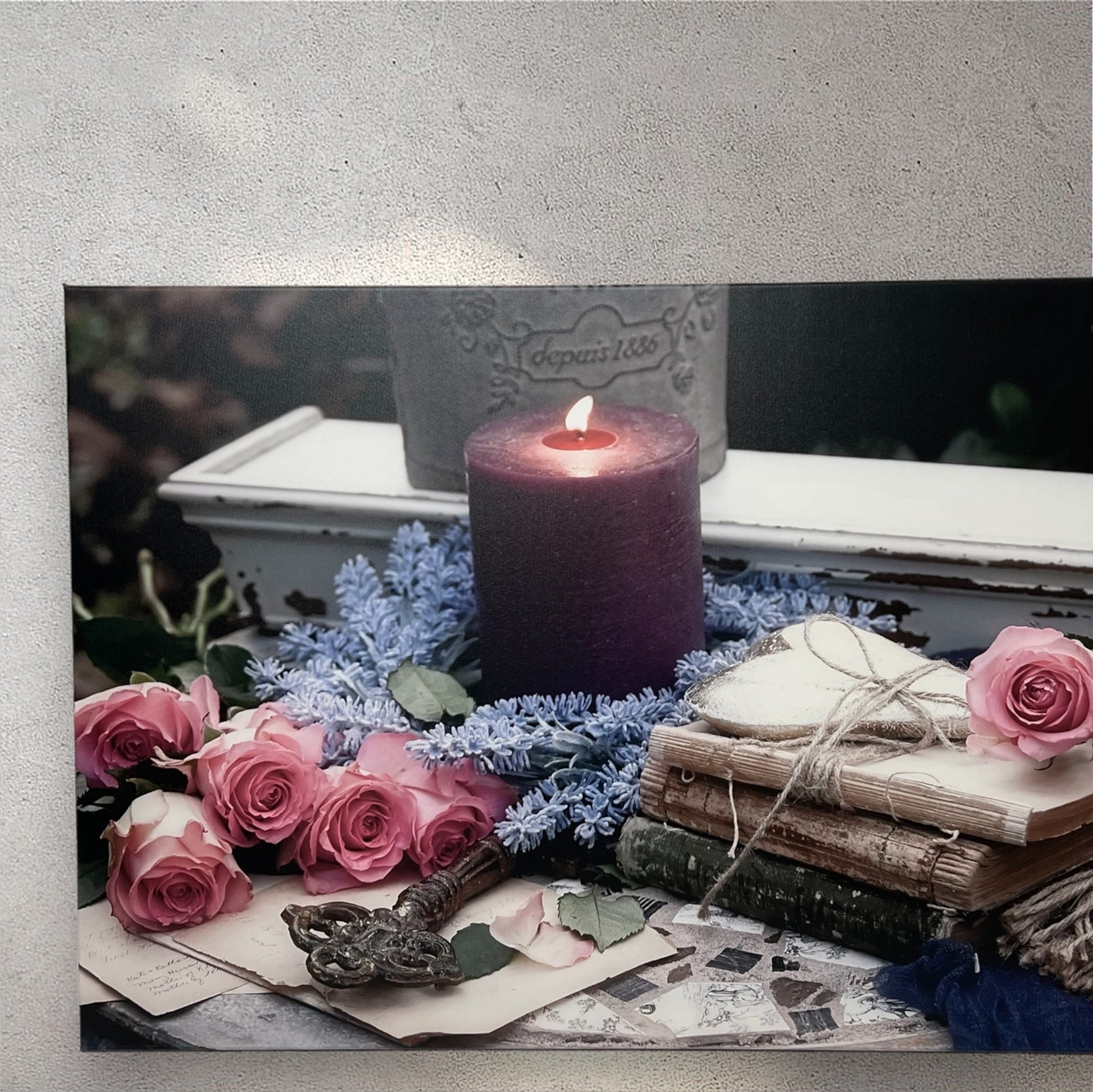 Candle, flowers, and antiques shabby chic photography canvas print