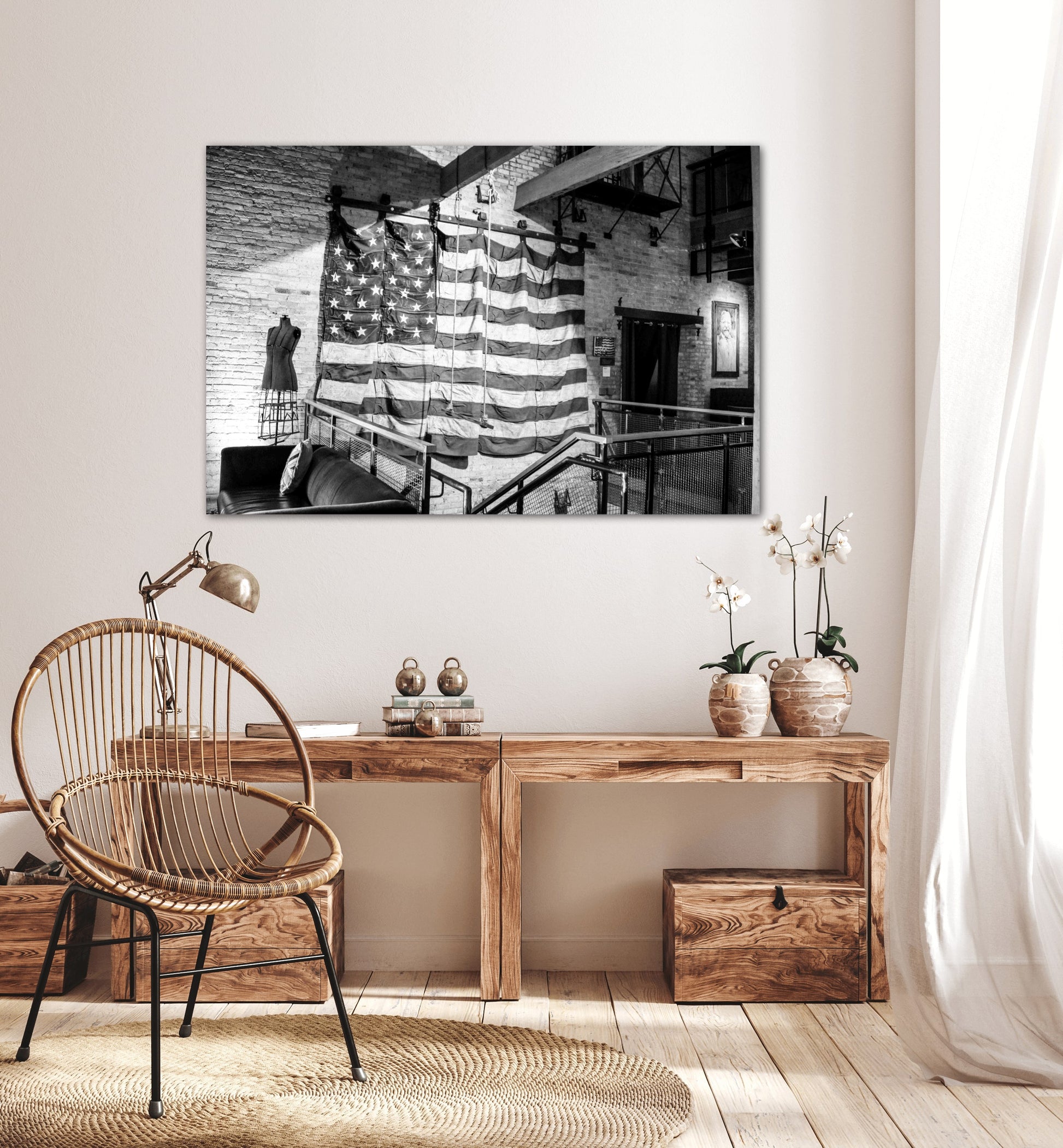 Industrial American flag travel photography canvas print on bedroom wall