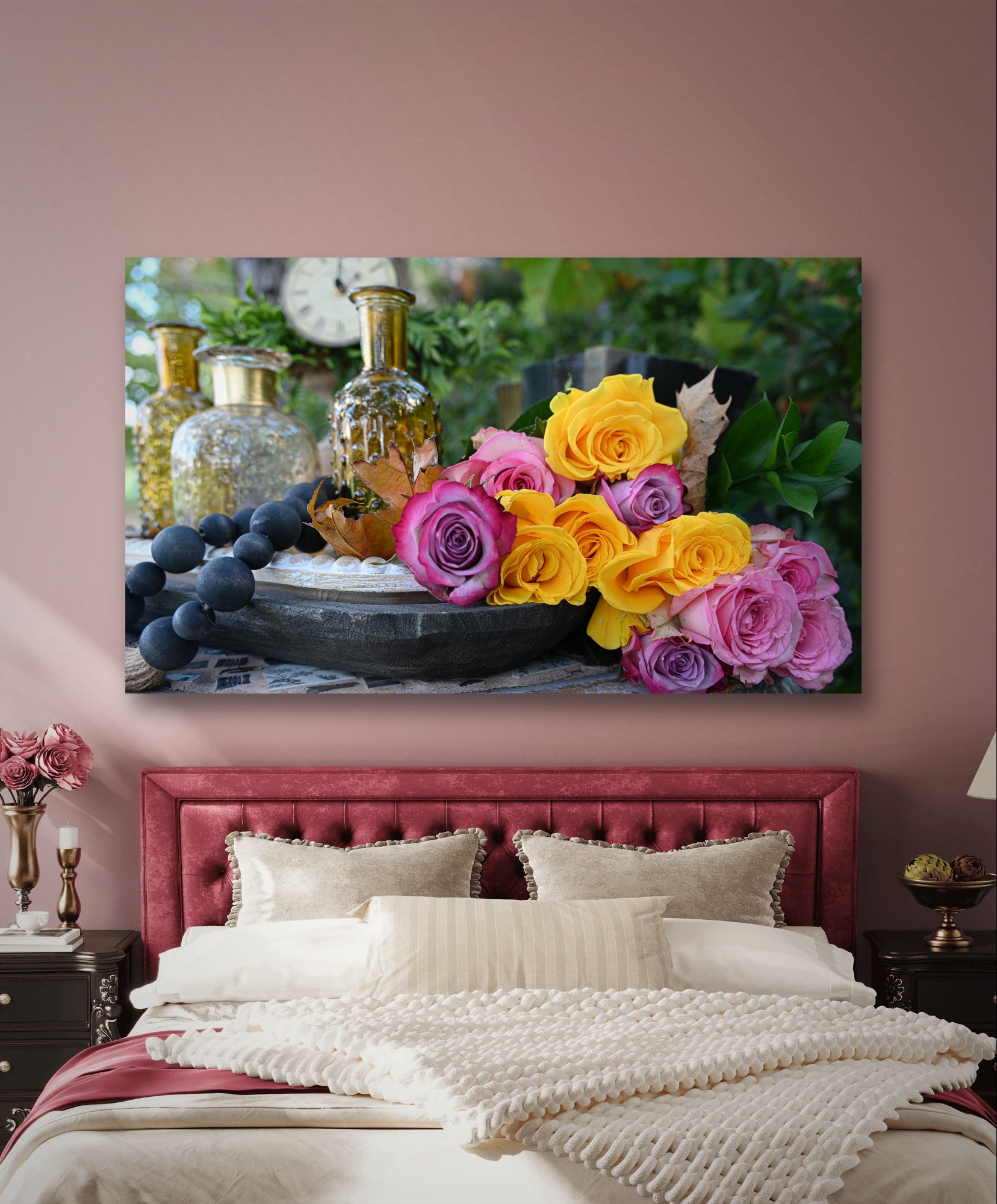 Colorful roses, antiques vases, clock, and books shabby chic photography canvas print on bedroom wall