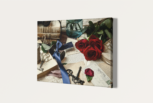 Canvas print with red roses, a blue ribbon, and vintage keys on a textured background.