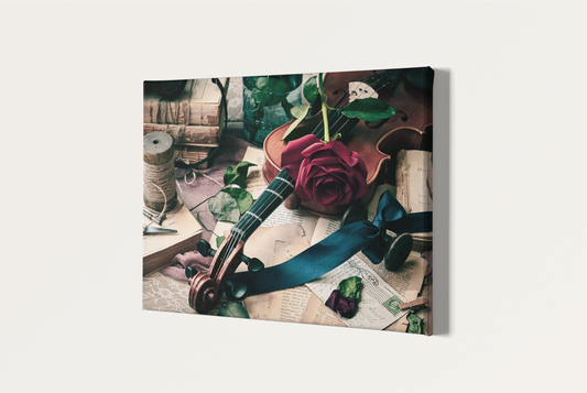Violin with a blue bow, pink rose, and vintage papers on a textured surface