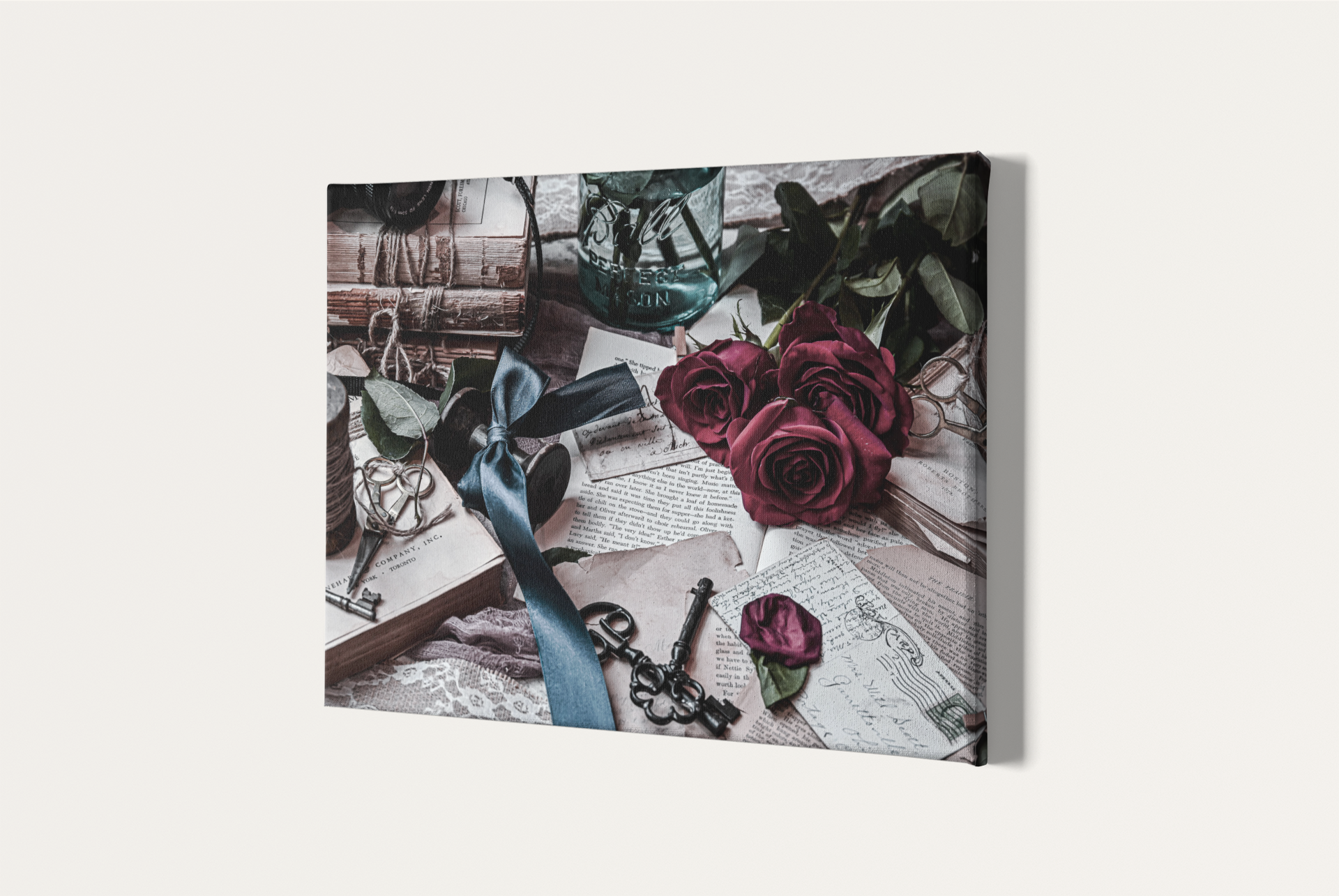 Shabby chic roses, letters, and books photography canvas print