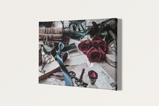 Shabby chic roses, letters, and books photography canvas print