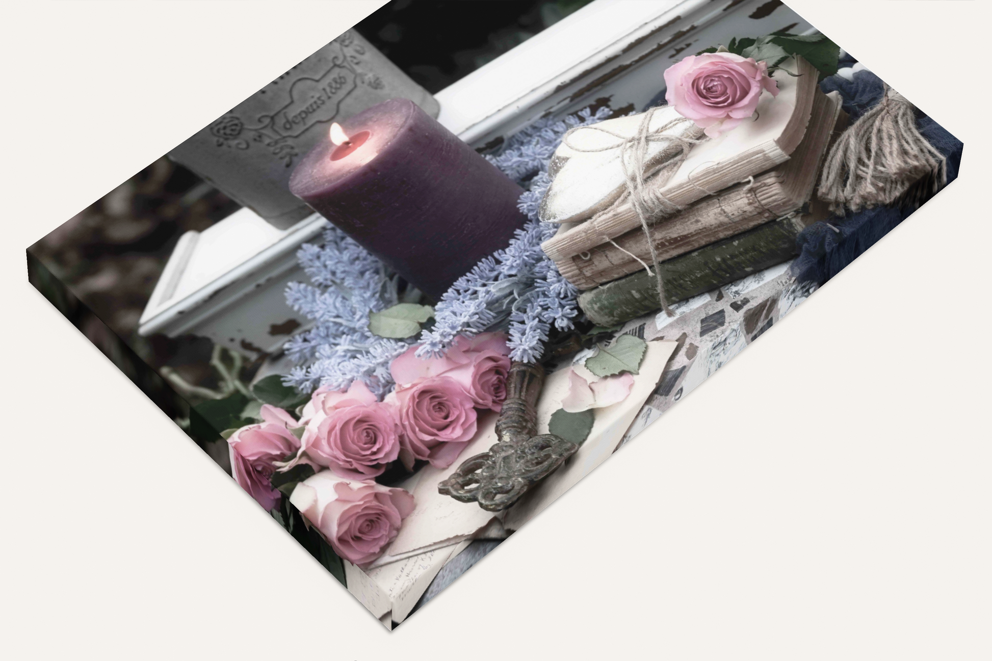 Candle, flowers, and antiques shabby chic photography canvas print