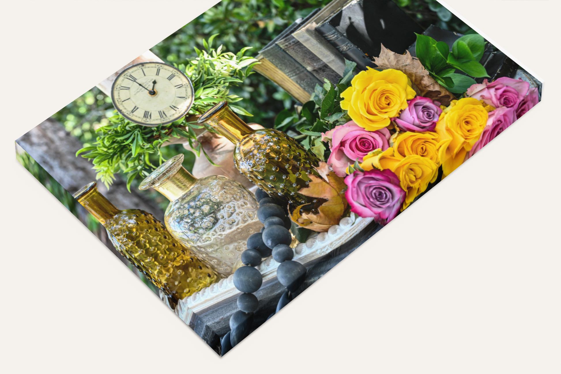 Colorful roses, antiques vases, clock, and books shabby chic photography canvas print