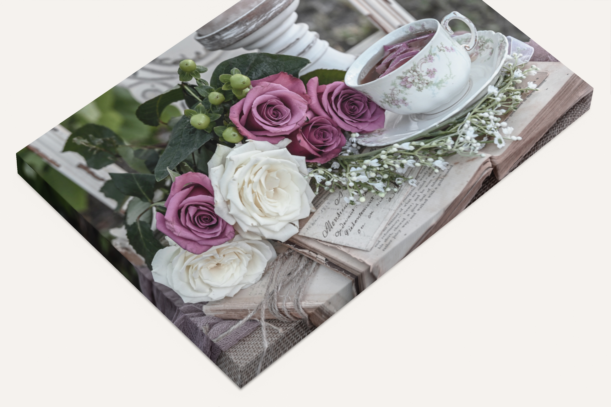 Shabby chic roses, tea cup and book photography canvas print