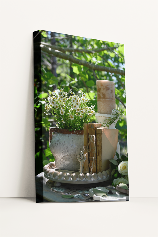 Shabby chic daises, books, and key photography canvas print