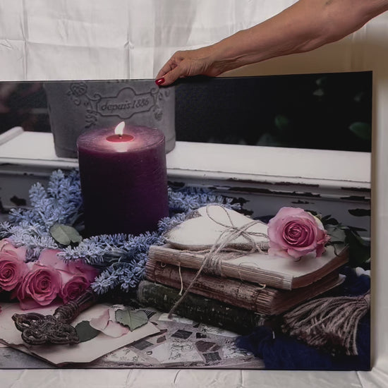 Candle, flowers, and antiques shabby chic photography canvas print video preview