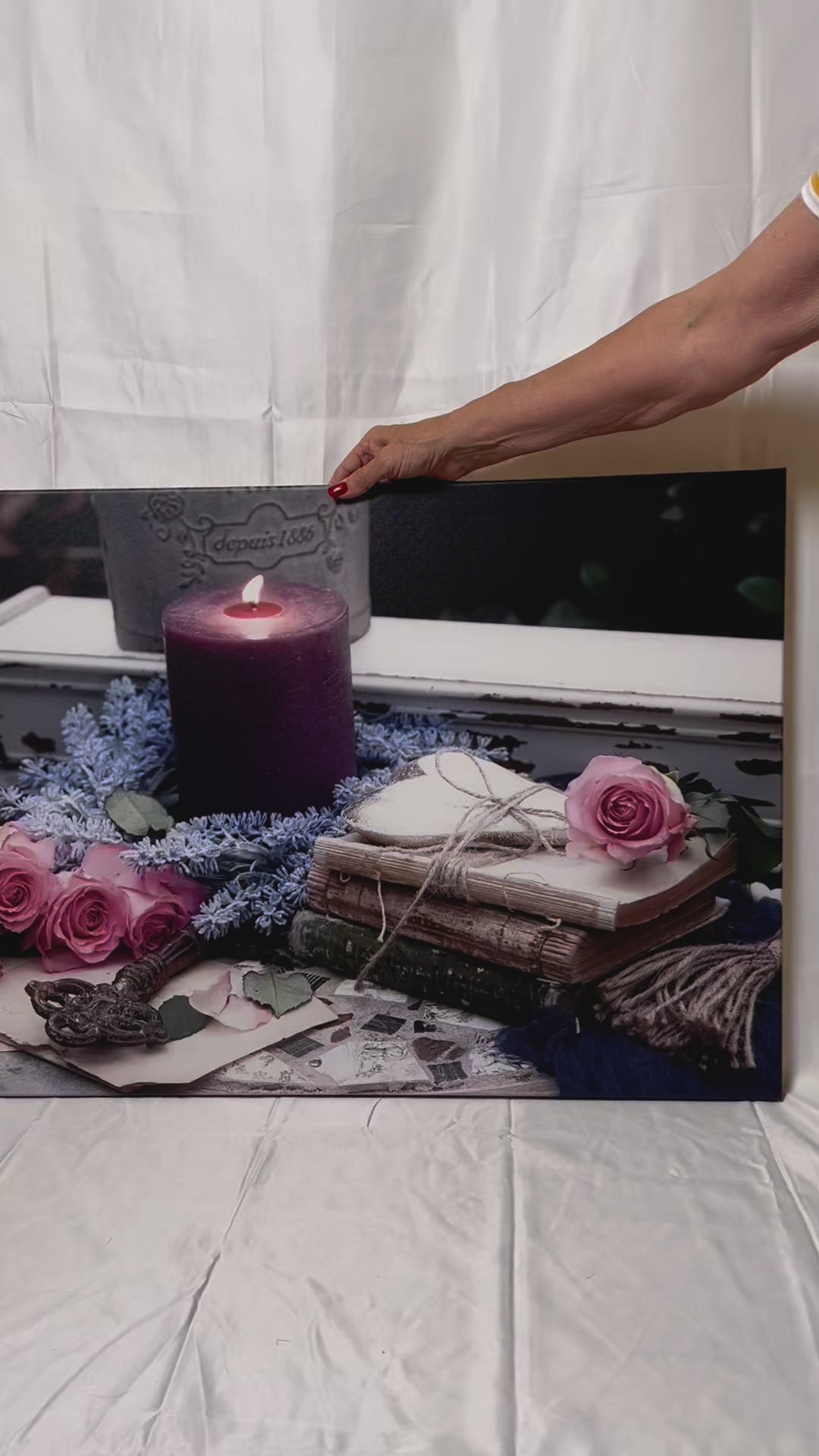 Candle, flowers, and antiques shabby chic photography canvas print video preview